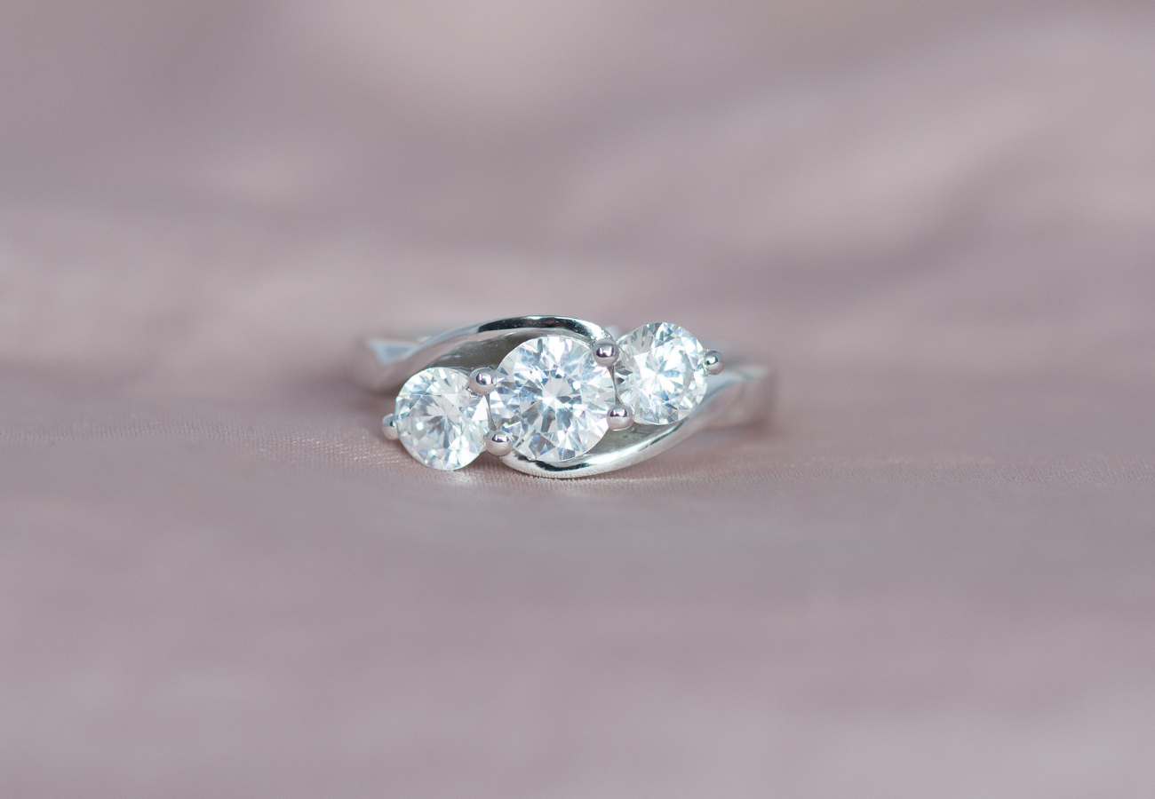 Lab diamond trilogy ring with round cut diamonds